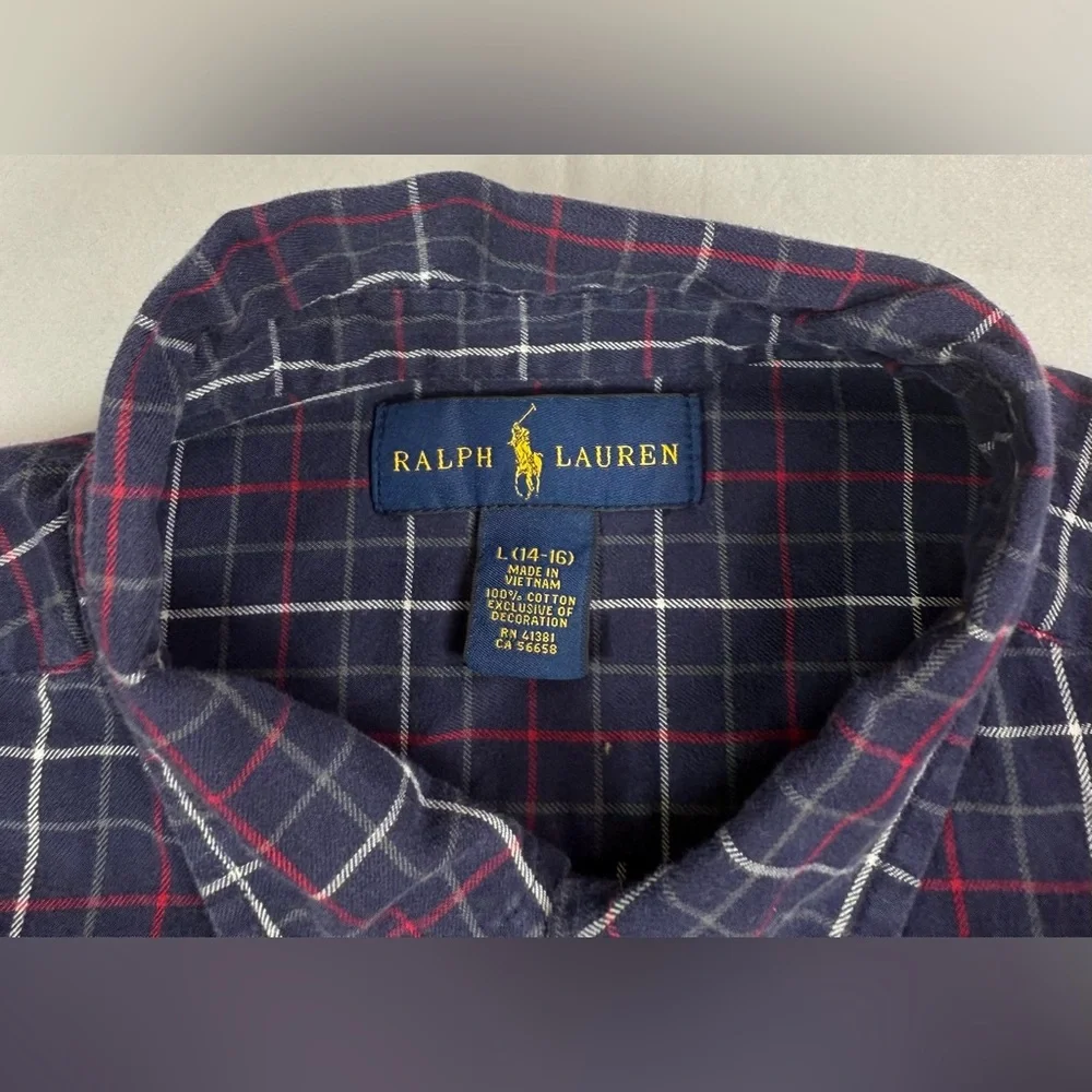 RALPH LAUREN Kids Boy’s 100% Cotton Purple Tartan Plaid Casual Button Down Large